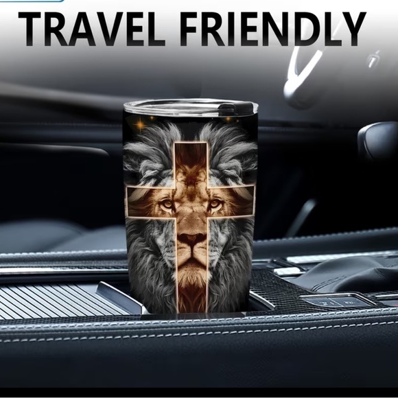 Lion Design Tumbler with Cross - Black and Gold - Picture 5 of 6